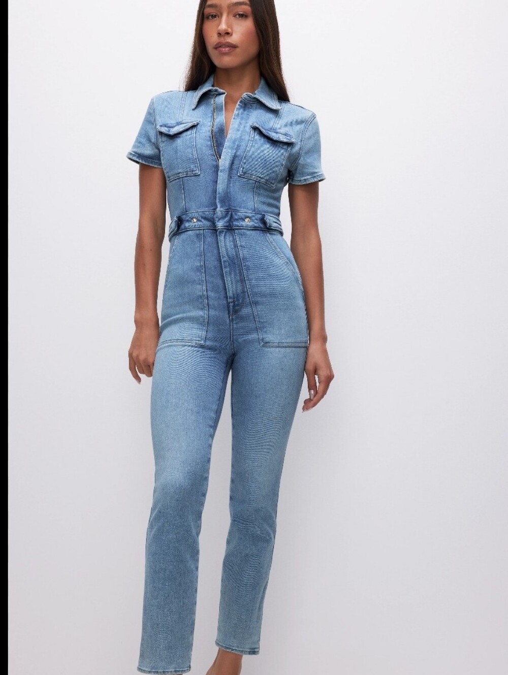 Good American Light Blue Denim Jumpsuit Jeans Women's Short Sleeve